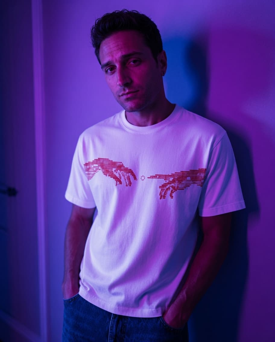 Campaign close-up of the Creation Tee worn in white with red binary hand artwork.