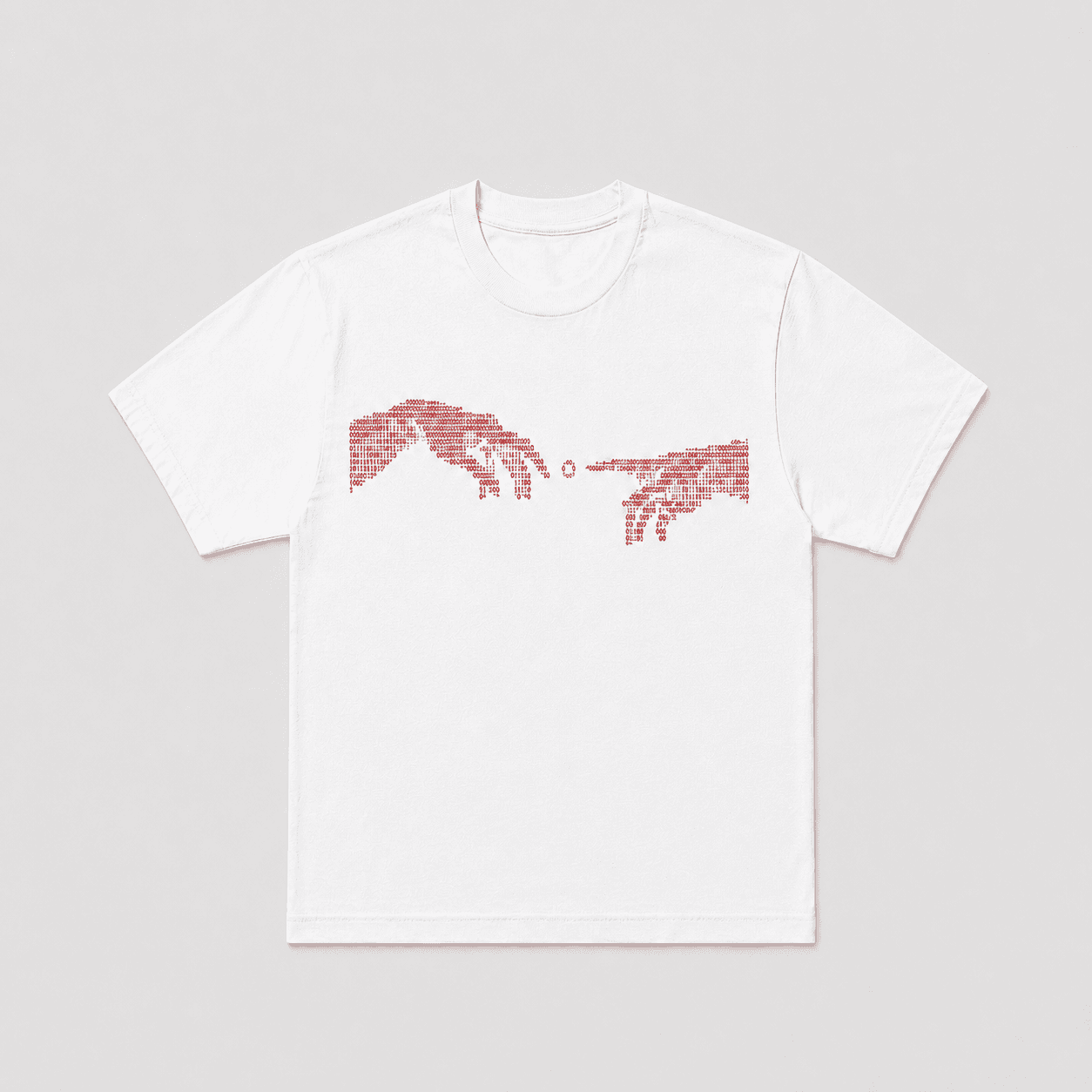 Campaign image of the Creation Tee in white with red binary hand artwork.