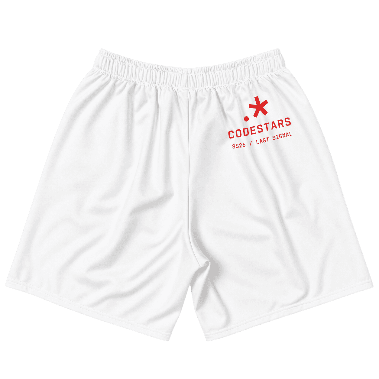 Back flat lay of white Hard Signal Long Shorts with the red Codestars SS26 Last Signal mark high on the back panel.